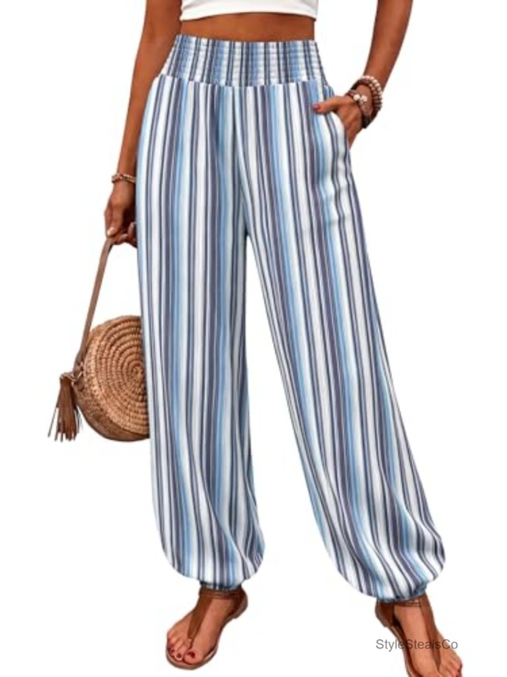 Womens High Waist Linen Look Harem Pants with Pockets Balloon Pants